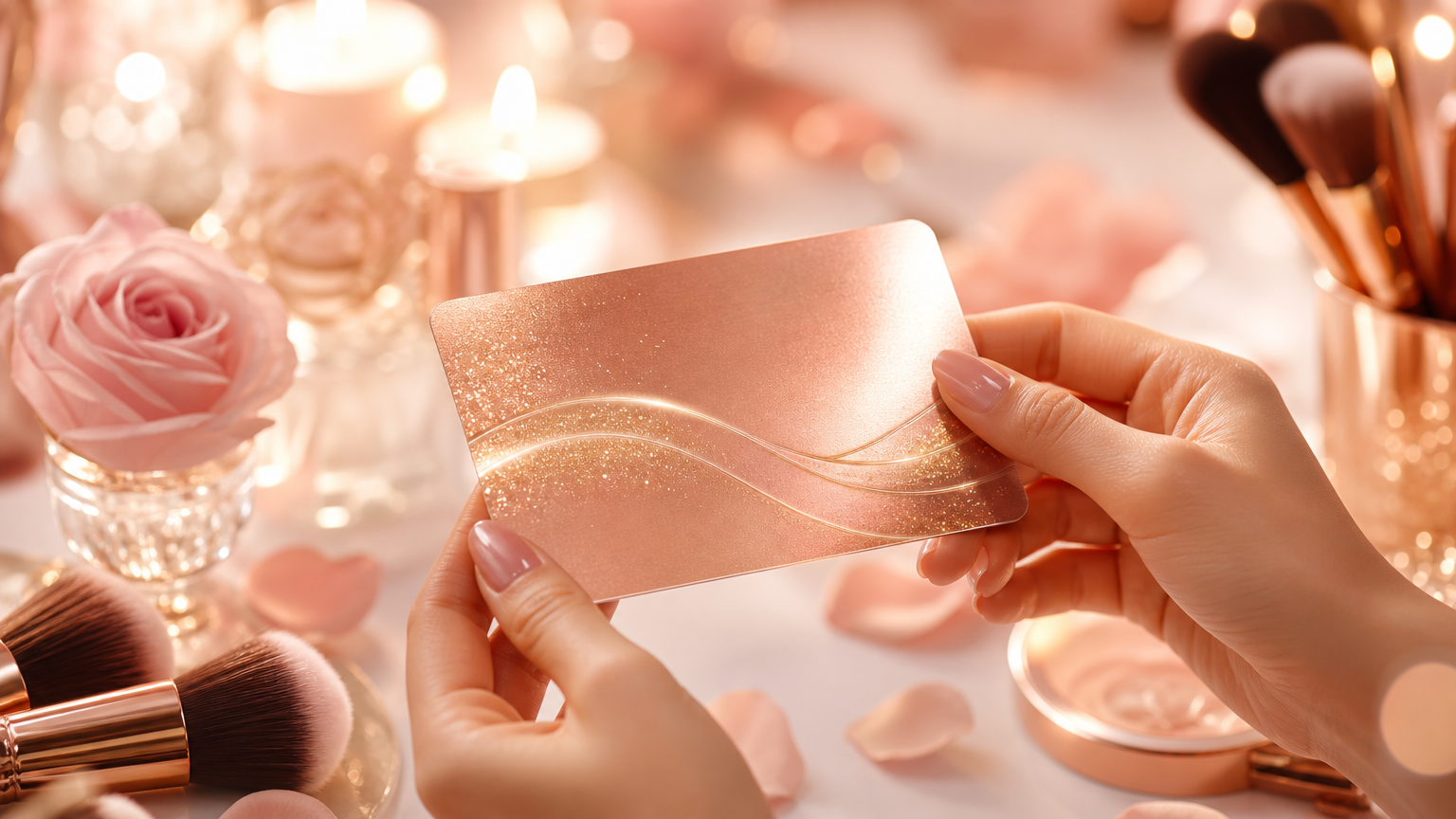 Elegant rose gold gift card surrounded by roses and makeup